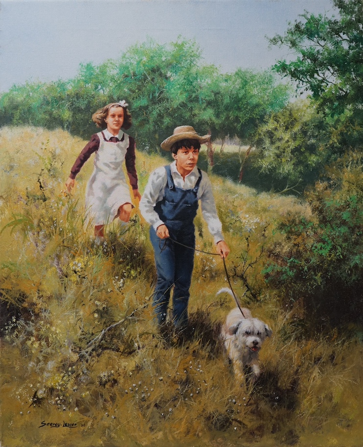 John Seerey-Lester (American, b.1946), oil on canvas, children and a dog in a meadow, signed and dated '82, unframed. Condition - good